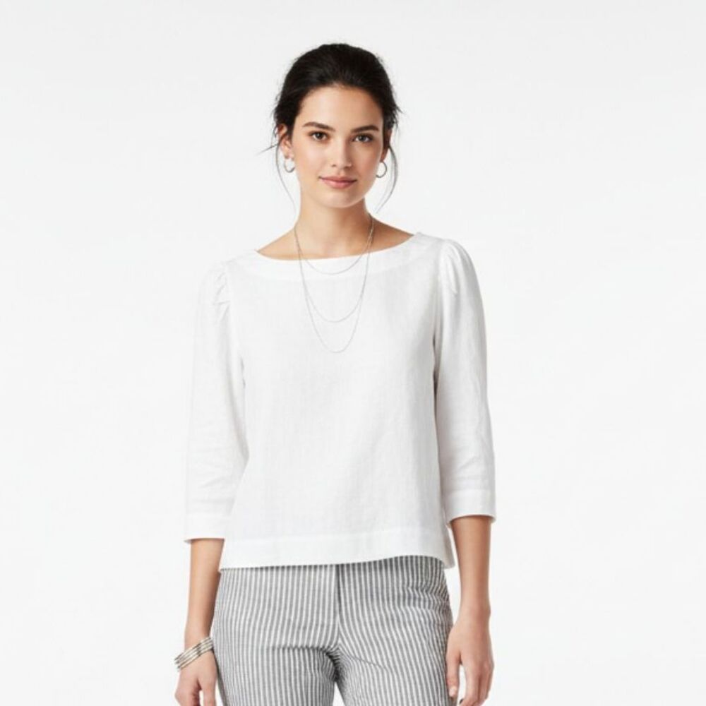 Ann Taylor 100% Linen White 3/4‎ Sleeve Crew Neck Blouse Top S